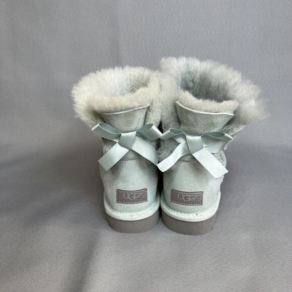 Womens Ugg Boots Sz 8 Ice Blue Bailey Bow Mini Suede Sherpa Coquette Festival - Picture 7 of 13